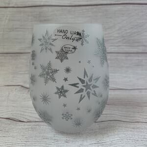 Frosted Snowflake Stemless Wine Glass Silver Glitter Snowflakes 5"H